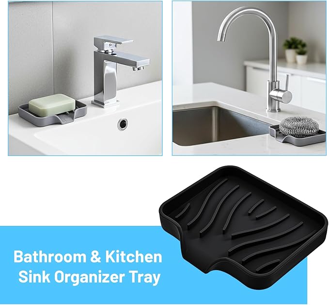 Grevosea Sponge Holder for Kitchen Sink, Silicone Dish Sponge Holder with Drain Spout Soap Dish Tray for Shower Bathroom Scrubbers Kitchen Sink Organizer Accessories (Black)