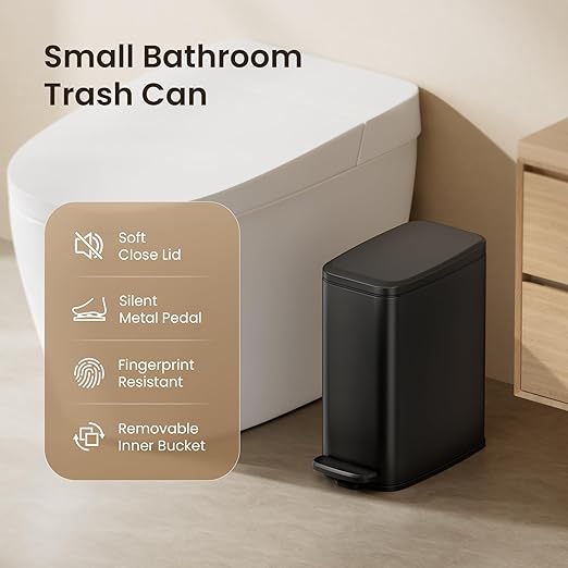 Cesun Small Bathroom Trash Can with Lid Soft Close, 6L/1.6 Gallon Stainless Steel Slim Garbage Can with Foot Pedal and Removable Inner Bucket, Slim Wastebasket for Bathroom, Office, Toilet (Black)