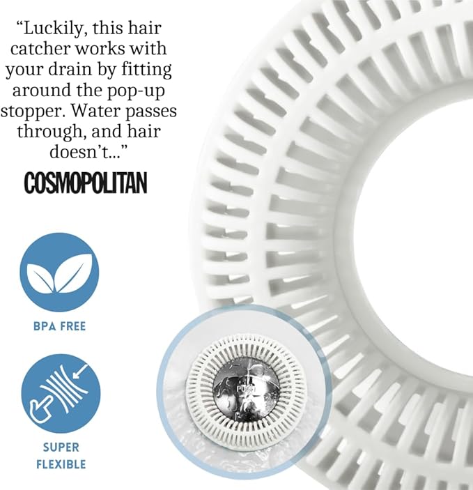 Hair Catcher for Shower Drain & Bathtub – TubRing Pop-Up Drain Protector & Strainer, Reusable Silicone Stopper for Bathroom Clog Prevention, Fits 1.85"–2.16" Drains | White
