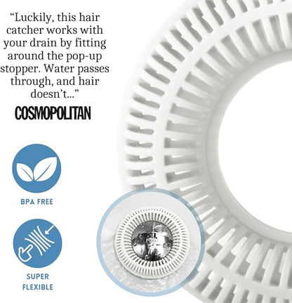 Hair Catcher for Shower Drain & Bathtub – TubRing Pop-Up Drain Protector & Strainer, Reusable Silicone Stopper for Bathroom Clog Prevention, Fits 1.85"–2.16" Drains | White