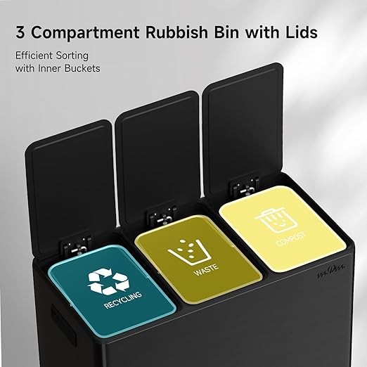 mVm 3 Compartment Trash Can, 12 Gal (3 x 4Gal) Triple Trash Can with Double Layer Lids, Modern Kitchen Office Garbage Can（Black）