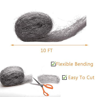 Steel Wool Mice Control, 2 Pack 3" x10 Ft Hole Filler, Gap Blocker, Barrier, Protect Against Animals in Holes Holes, Siding, Pipeline, Vents for Garden, House, Garage