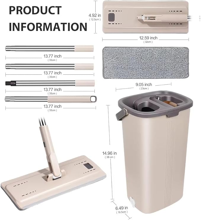 Flat Floor Mop and Bucket Set with Stainless Steel Handle, Heavy Duty Spin Bucket System for Household and Commercial Use