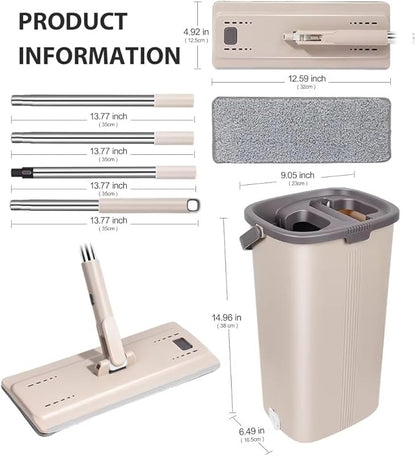 Flat Floor Mop and Bucket Set with Stainless Steel Handle, Heavy Duty Spin Bucket System for Household and Commercial Use