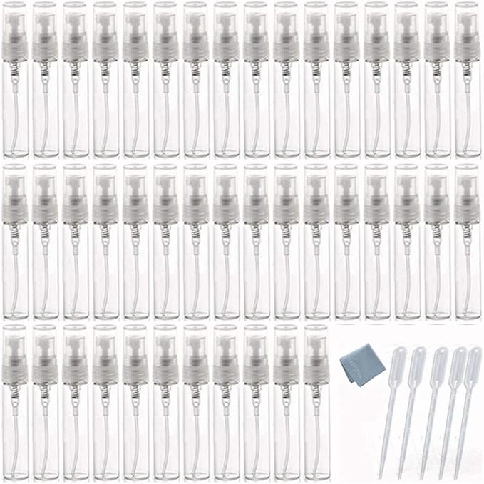 Elfenstall- 50pcs Mini 5ml Fine Mist Glass Refillable Perfume Empty Bottle Atomizer Pump Spray for Travel Party Glass Clean Cloth + Free 5PCS 3ML Dropper