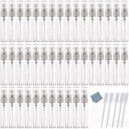 Elfenstall- 50pcs Mini 5ml Fine Mist Glass Refillable Perfume Empty Bottle Atomizer Pump Spray for Travel Party Glass Clean Cloth + Free 5PCS 3ML Dropper