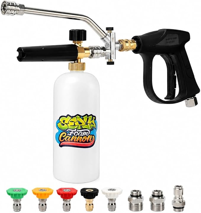 SEPLY Foam Cannon for Pressure Washer Gun Kit with Dual Connector Accessory, Car Wash Foam Gun with 5 Pressure Washer Nozzle Tips 3/8'' Swivel Quick Connector and M22-14mm and M22-15 mm Fitting