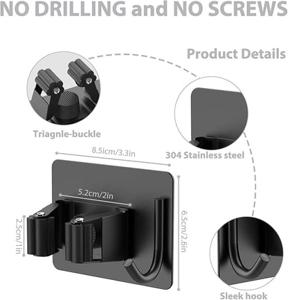 homeasy Mop Broom Holder No Drill, Mop Broom Organizer Wall Mounted Heavy Duty with Hooks Hanger, Self Adhesive Stainless Steel 4Pcs for Bathroom, Kitchen, Office (Black)