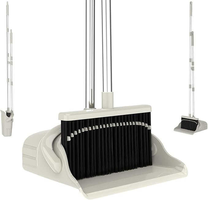 Broom and Dustpan Set, Gray Yellow 52-Inch Adjustable Handle Upright Broom with Clip-Together Storage for Home, Kitchen, Office, Apartment