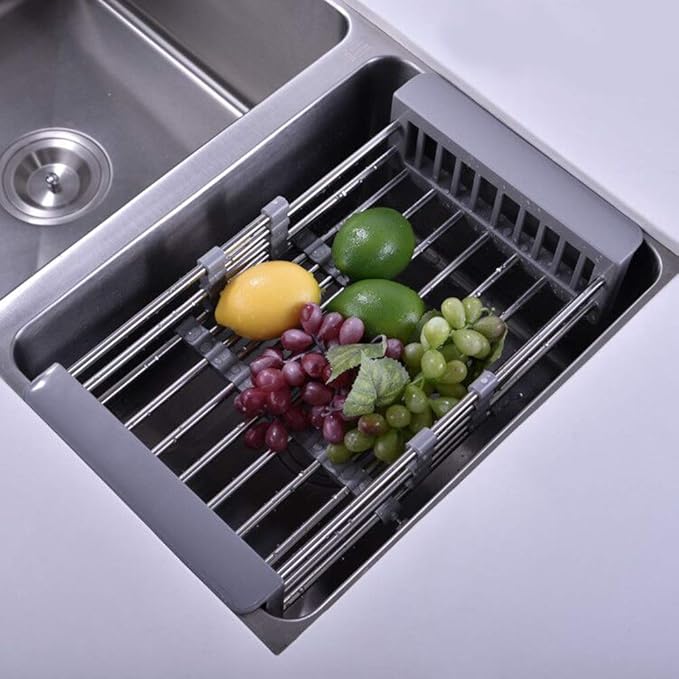 Sink Dish Drying Rack, Stainless Steel Drainer for 12.5"-20.5" Sinks, Kitchen Countertop Organizer for Dishes, Vegetables, and Fruits (Grey & Large Size)