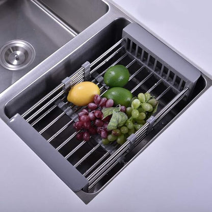 Sink Dish Drying Rack, Stainless Steel Drainer for 12.5"-20.5" Sinks, Kitchen Countertop Organizer for Dishes, Vegetables, and Fruits (Grey & Large Size)