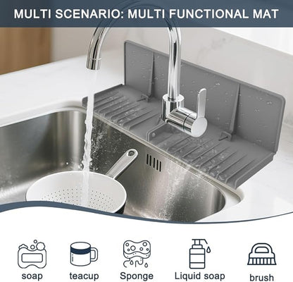 Silicone Faucet Drip Catcher Tray Mat - Upgraded Design - Sink Backsplash Guard Behind Faucet, Silicone Faucet Mat for Dish Soap Sponge Holder, Kitchen Counter Bathroom Kitchen Sink Splash Guard -Grey