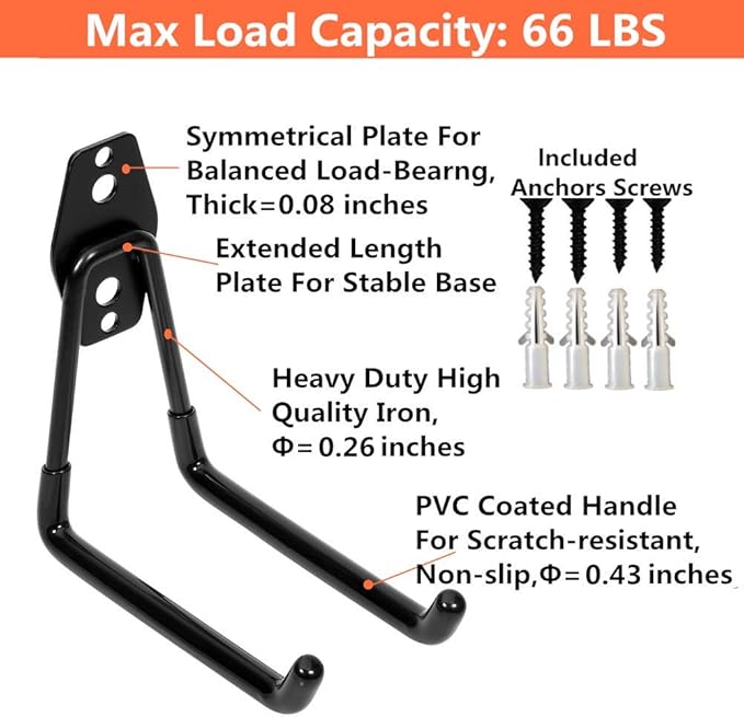 Storage Double Hooks Garage Space Saver Organizer Utility Hanger,Rack Extended Wall Mount Tool Heavy Duty Steel Holder with Anti-Slip Coating, 4 Pack 5.1" Garage Hook