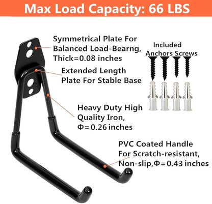 Storage Double Hooks Garage Space Saver Organizer Utility Hanger,Rack Extended Wall Mount Tool Heavy Duty Steel Holder with Anti-Slip Coating, 4 Pack 5.1" Garage Hook
