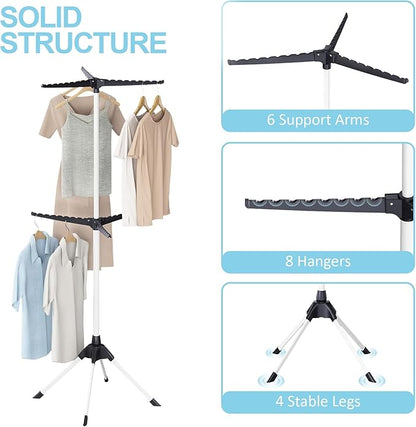 APEXCHASER Clothes Drying Rack Folding, 2-Tier Drying Rack Clothing, Laundry Rack Collapsible, Clothes Airer with 4 Legs 6 Arms for 48 Hangers, Foldable Clothes Rack Indoor Outdoor RV Beach, Black