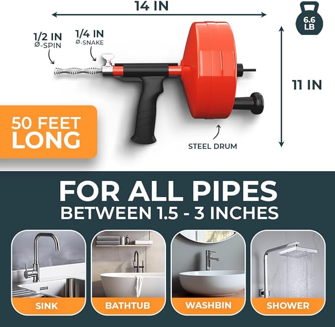 MEISTERFAKTUR drain snake 2.0 [50 FT] - with drill attachment - Ideal plumbing snake for sink and drain unblocking - Solid drain auger for real DYIs! (50 FT - 1/4 inch)