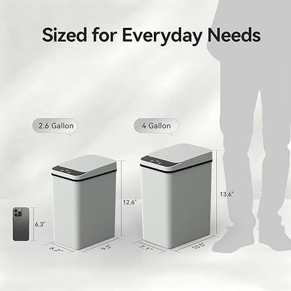 FRESHLIX Bathroom Trash Can 2.6 Gallon Automatic Small Garbage Can with Lid, Slim Motion Sensor Plastic Narrow Trash Bin for Bedroom, Kitchen, Office (A-Basic Battery Supply-Grey, 1 Pack(2.6 Gallon))