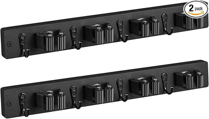 OUTNILI 2 Pack Black Mop Broom Holder Wall Mount - Wood Broom Mop Hanger - Wall Mounted Garden Tool Rack Organizer for Closet Garage Laundry Room, 4 Slots & 4 Hooks