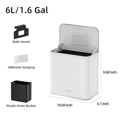 Hanging Stainless Steel Trash Can, 1.6 Gallon /6L Small Compost Bin for Kitchen Cabinet, Bathroom (White)