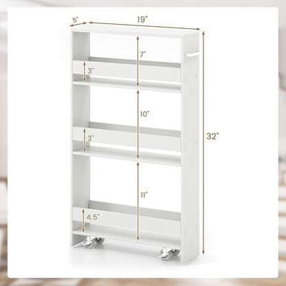 Giantex 4 Tier Rolling Slim Storage Cart, 5" Narrow Slide Out Kitchen Cart w/Handle & Open Shelves, Space-Saving Compact Mobile Utility Trolley for Small Space Laundry Room (White)