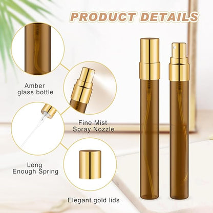 30 Pack Empty Mini Glass Spray Bottle Refillable Fine Mist Perfume Atomizer Portable Travel Sample Spray Bottles Containers For Perfume Essential Oils Cosmetics Liquid (amber bottle, 10ml)