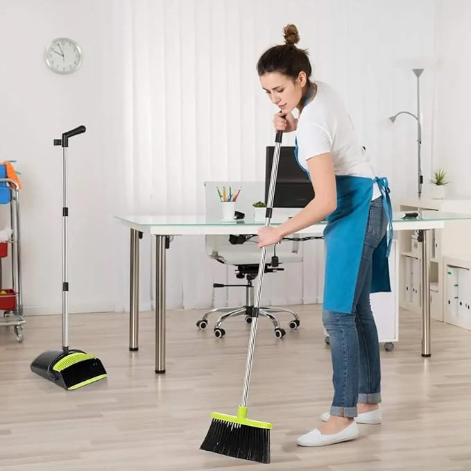 Standing Broom and Dustpan Set, Built-in Scraper Teeth, No-Slip Grip, Dust Collection Tray for Home, Office, Lobby, and Outdoor, Adjustable Handle from 38.18" to 52" (Black & Green)