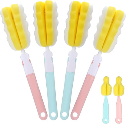 4 Pcs Bottle Brush Sponge, Cup Water Bottle Sponge Brush Cleaner, Detachable Cleaning Brushes for Cleaning with Handle for Glasses Mugs(4Pcs+2 Nipple Brushes)