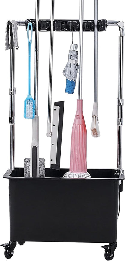 Mop Bucket and Broom Holder Cleaning Supplies Garden Tool Organizer Rack Cleaning Cart on Wheels Broom Storage Cabinet Freestanding Broom Closet for Garden Gara