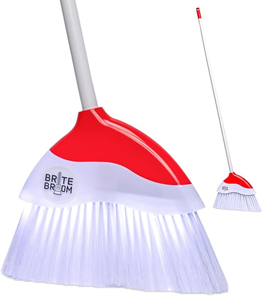 Indoor Broom with LED Lights | Angle Broom for Dark Corners & Low Light Areas | Soft Bristle, Adjustable Long Handle | Floor Sweeper for Kitchen, Room, Office & Garage (White)