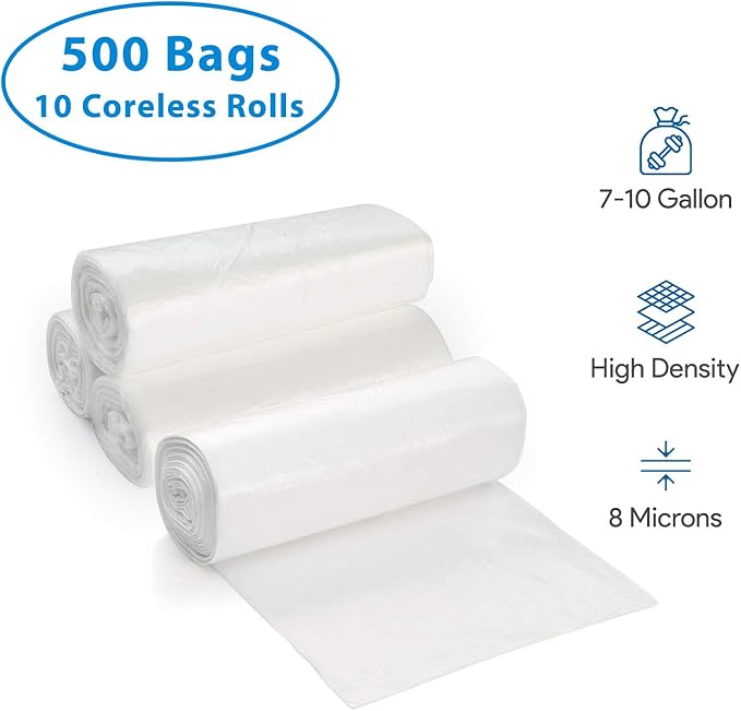 7-10 Gallon Clear Garbage Can Liners, 500 Count - Small - Medium Trash Can Liners - High Density, Thin, Lightweight, 8 Microns - For Office, Home, Hospital Wastebaskets - 10 Coreless Rolls