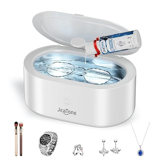 JeaTone Ultrasonic Jewelry Cleaner – 46kHz Sonic Cleaner for Rings, Glasses, Retainers, Dentures, Watches & More, 304 Stainless Steel 20oz Tank (White)
