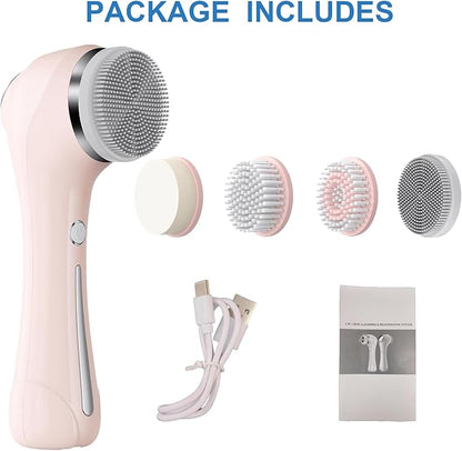 Facial Cleansing Brush, 2 in 1 Ｗaterproof IPx7 Facial Spin Scrubber Set with 4 Brush Heads, Rechargeable Exfoliating Face Brush Deep Cleansing, Gently Exfoliate and Remove Blackhead (Pink)