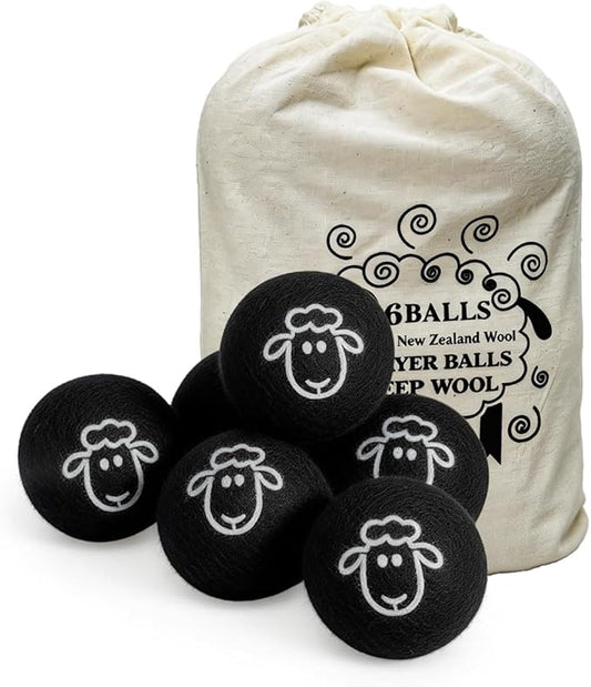 Wool Dryer Balls, New Zealand Dryer Balls Laundry Reusable Reduce Static Cling, Dryer Ball to Reduce Wrinkles & Shorten Drying Time, Drying Balls for Laundry(Pack of 6) (Black-Lamb)