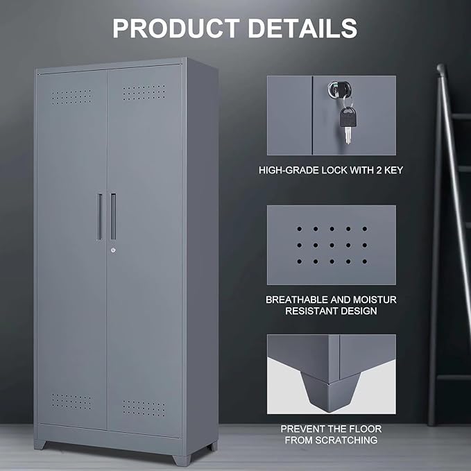 72" H Tall Metal Storage Cabinets, Freestanding Broom Closet Storage Cabinet with Locking Door for Cleaning Tool, Large Garage Cabinet Tool Organizer Storage Cabinet for Office, Grey