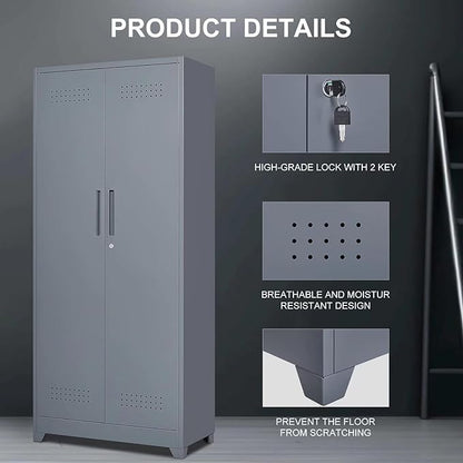 72" H Tall Metal Storage Cabinets, Freestanding Broom Closet Storage Cabinet with Locking Door for Cleaning Tool, Large Garage Cabinet Tool Organizer Storage Cabinet for Office, Grey