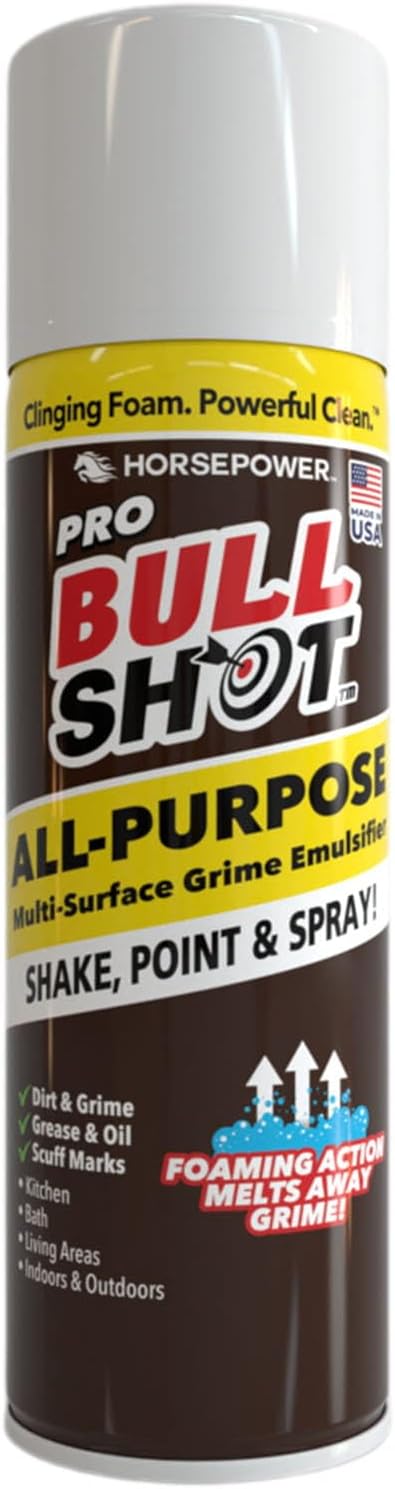 Bull Shot All-Purpose, Multi-Surface Grime Emulsifier, AS SEEN ON TV, Professional Strength Clinging Foam Cleaner; Grease, Oil, Scuff Marks, Dirt, Non-Abrasive, Kitchen, Bath, Living Areas & Outdoors