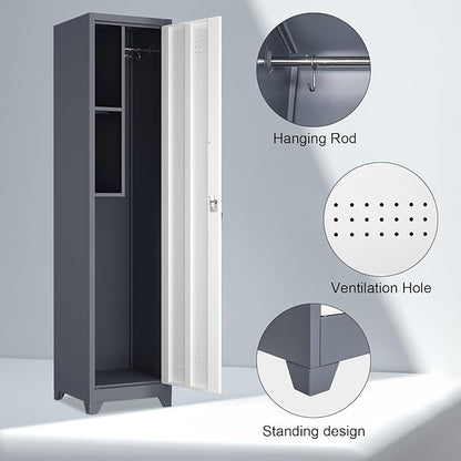 65'' Metal Broom Cabinet with Lock Heavy-Duty Cleaning Storage Cabinet with Adjustable Hooks and Shelves Narrow Freestanding Utility Storage Gray Cleaning Supply Organizer for Laundry Room Garage