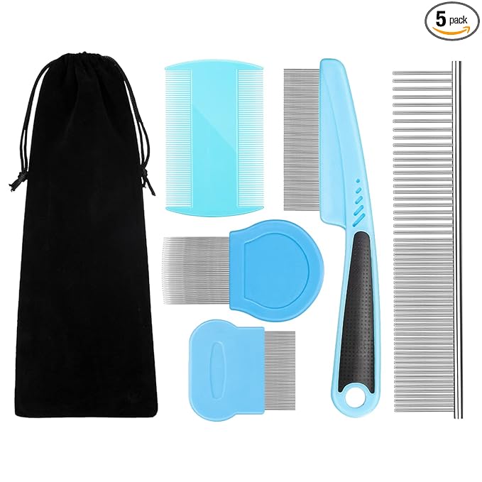 Flea Comb For Dogs & Cats Pet Comb Grooming Set 5 Pieces Metal Teeth Durable Remove Tear Stain Float Hair Combing tangled hair Dandruff Add Storage Pouch (Blue)
