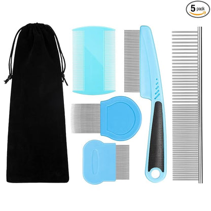 Flea Comb For Dogs & Cats Pet Comb Grooming Set 5 Pieces Metal Teeth Durable Remove Tear Stain Float Hair Combing tangled hair Dandruff Add Storage Pouch (Blue)