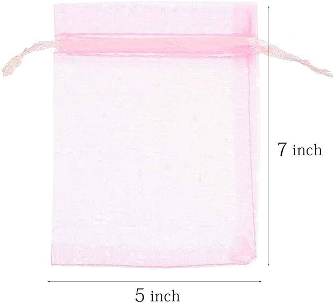 100 Pcs 5x7 inches Gift Wrap Bags Pink, Organza Sheer See Through Fabric, Drawstring Satin Ribbon Pouches for Baby Shower Favor, Party Wedding Favors Decoration, Card Deck, Jewelery, Boys Holiday Gift