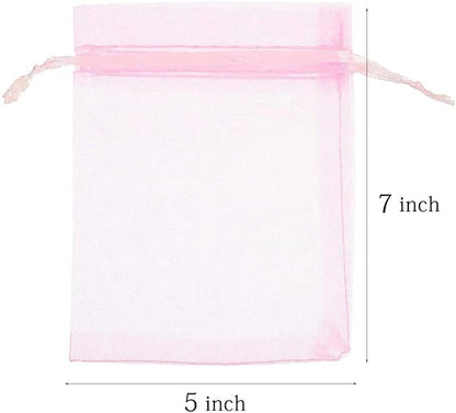 100 Pcs 5x7 inches Gift Wrap Bags Pink, Organza Sheer See Through Fabric, Drawstring Satin Ribbon Pouches for Baby Shower Favor, Party Wedding Favors Decoration, Card Deck, Jewelery, Boys Holiday Gift