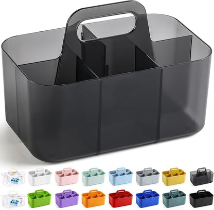 Multiuse Caddy Organizer with Handle, Portable Plastic Tote Bin - Art Craft, Stationary Pen Marker Crayons, Makeup Hair Supplies Storage - Bathroom, Classroom, Dorm, Office, Desk Holder - Clear Black