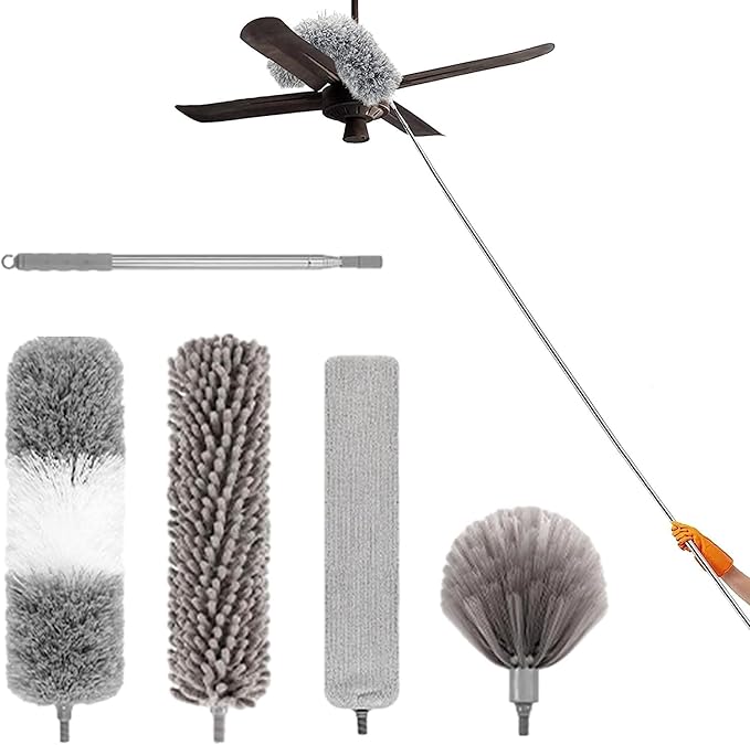 5PCS Retractable Washable Curved Microfiber Duster, with Extension Pole Feather Duster, Reusable Bendable Washable Dusters Set, for Cleaning Ceiling Fan, High Ceiling