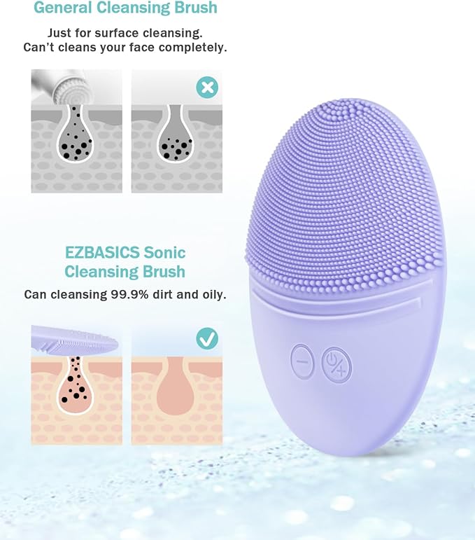 EZBASICS Facial Cleansing Brush Made with Ultra Hygienic Soft Silicone, Waterproof Sonic Vibrating Face Brush for Deep Cleansing, Gentle Massaging, Inductive Charging (Violet) 1 Pack+5 Speed Settings
