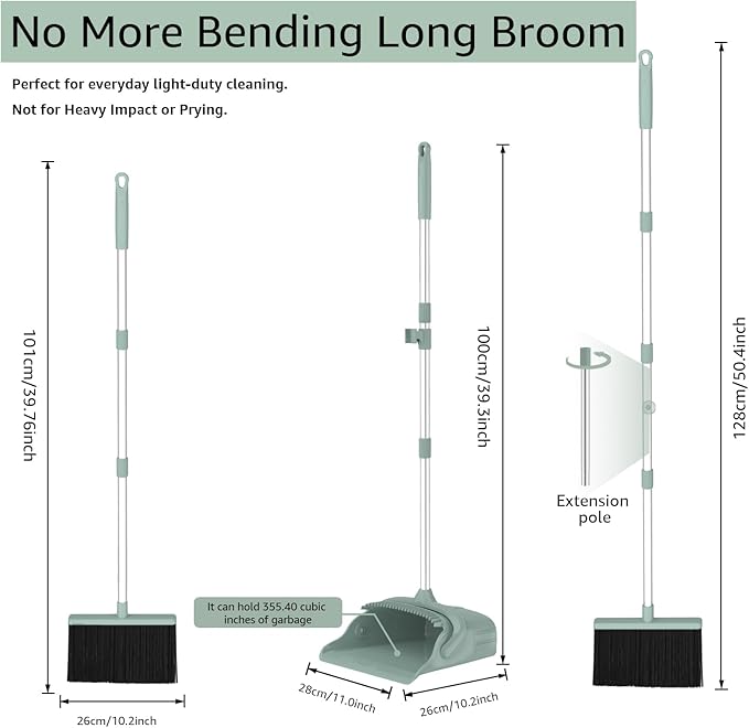 Broom and Dustpan Set, Green 52-Inch Adjustable Handle Upright Broom with Self-Cleaning Comb Teeth, Pet-Hair Friendly Sweeping for Indoor Hard Floors