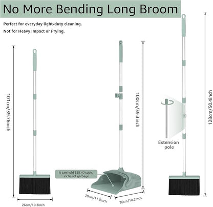 Broom and Dustpan Set, Green 52-Inch Adjustable Handle Upright Broom with Self-Cleaning Comb Teeth, Pet-Hair Friendly Sweeping for Indoor Hard Floors