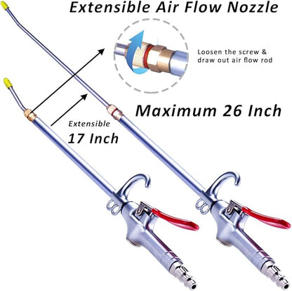 High Volume Powerful Industrial Air Blow Gun, 17-26 Inch Extensible Stainless Steel Air Flow Nozzle, Pneumatic Air Compressor Accessories Tool, Extended Dust Air Blower Gun with 360 Degree Swivel Hook