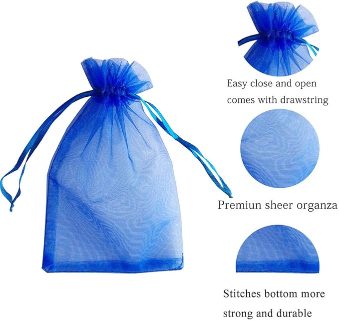 Pack of 100 5x7 inch Gift Wrap Bags Royal Blue, Organza Sheer Fabric Sturdy Material, Drawstring Organizer for Baby Shower Favor, Celebration, Church, Rose Petals, Cosmetic, Ring, Earring,Watch