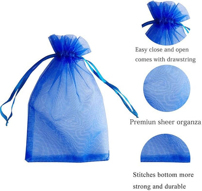 Pack of 100 5x7 inch Gift Wrap Bags Royal Blue, Organza Sheer Fabric Sturdy Material, Drawstring Organizer for Baby Shower Favor, Celebration, Church, Rose Petals, Cosmetic, Ring, Earring,Watch