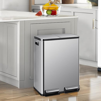 2×8 Gallon Kitchen Trash Can with Lid - Large Stainless Steel Garbage Can with Soft-Close Foot Pedal and Removable & Compartment PlasticInner Bucke, Trash Bin for Home, Bedroom, Office